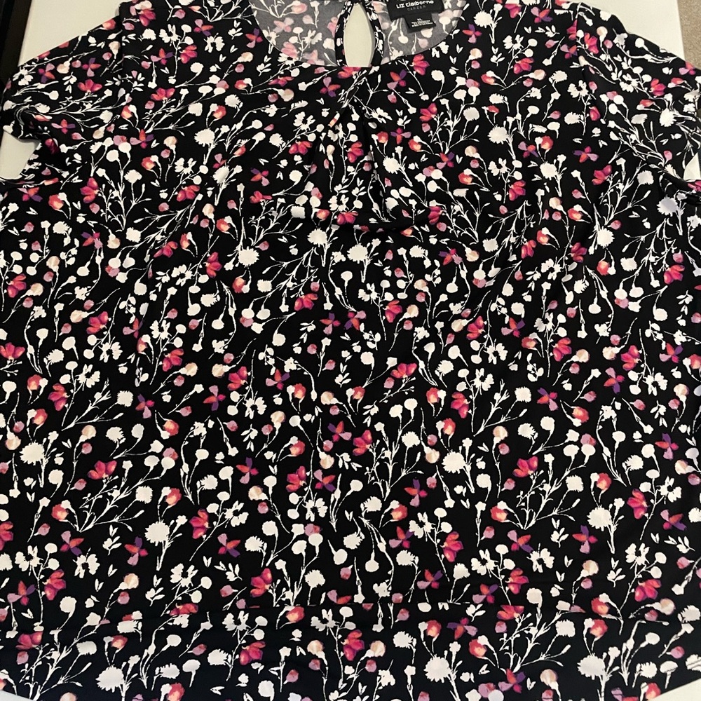 Liz Claiborne Black Blouse with Pink and White Floral Pattern